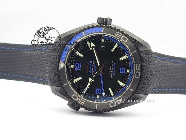 0317 Unique Planet Ocean 45mm Real Ceramic Blue BP-Maker Best Edition Black Dial On Nylon Rubber Strap A 8184